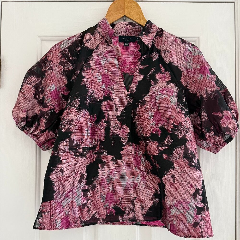 Ted Baker London Pink and Black Floral Puff-Sleeve Blouse